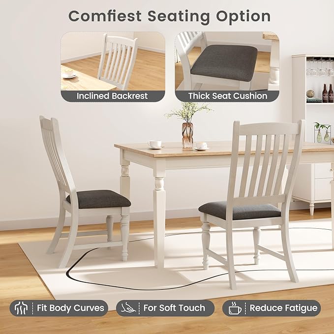 Giantex Wood Dining Chairs Set of 4, Farmhouse Kitchen Chairs with Solid Wood Frame, Max Load 355 Lbs, Armless Upholstered Dining Side Chairs with Cushion Seat, Slat Back Dining Room Chair, White