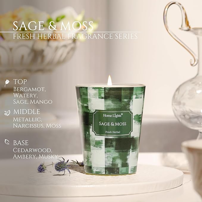 HomeLights Scented Candles for Women & Men, 6.7oz Candle Jars Aromatherapy Single Wick Candle, Ideal for Scandinavian Minimalist Design Home Decor and Gifts, Sage & Moss