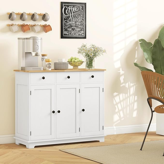 HOMCOM Sideboard with Solid Wood Countertop, Modern Kitchen Storage Cabinet, Coffee Bar Cabinet with 3 Drawers, Doors and Adjustable Shelf, Distressed White