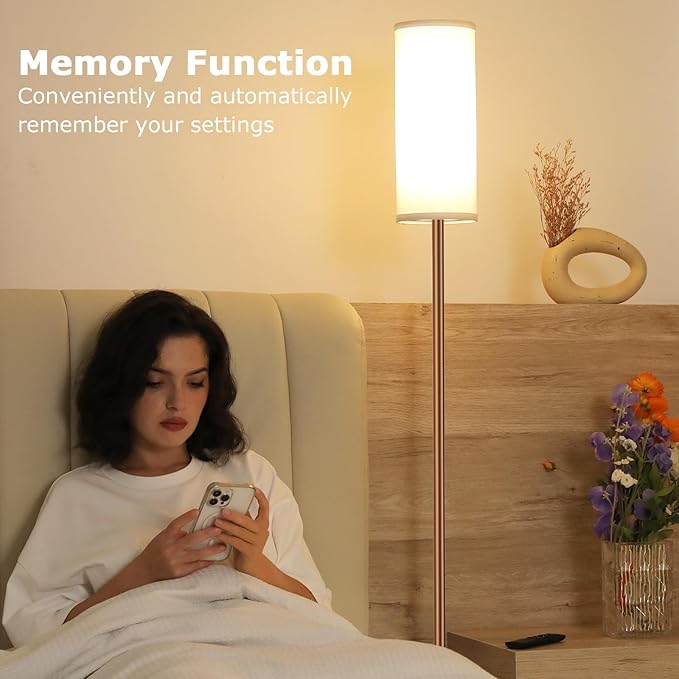 Ambimall 64'' Floor Lamps for Living Room with Remote Control and Stepless Dimmable Colors Temperature & Brightness, 9W Bulb Included(White Lampshade & Brown Pole)