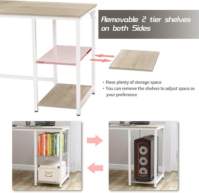 Elephance Large L-Shaped Computer Desk with Shelves, Corner Desk, Home Office Writing Workstation, Gaming Desk PC Latop Table with Storage