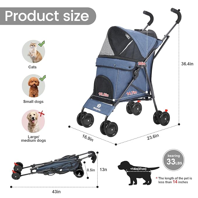 Umbrella Dog Stroller, Foldable Pet Stroller for Small Dogs Cats, 4 Wheels Pet Strolling Cart with Carrying Strap and Cup Holder, Breathable and Visible Mesh, Dog Poop Bags & Dispenser (Navy)