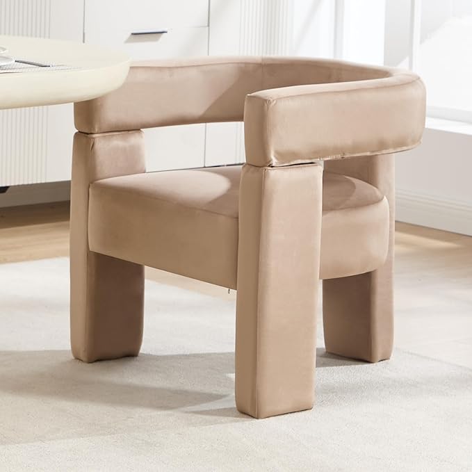 Modern Barrel Dining Chair Upholstered Velvet Dining Room Chair with Arms Comfy Side Chair for Kitchen/Living Room/Reception, Khaki