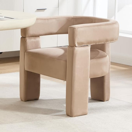 Modern Barrel Dining Chair Upholstered Velvet Dining Room Chair with Arms Comfy Side Chair for Kitchen/Living Room/Reception, Khaki