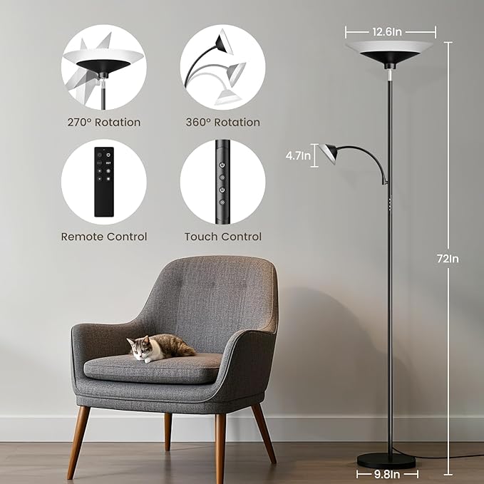 Upgraded 2-in-1 Torchiere Floor Lamp, Dimmable Standing Lamp with Remote&Touch Control, 34W Brightness Adjustable Floor Reading Light, Black Modern Corner Lamp for Living Room Bedroom Office