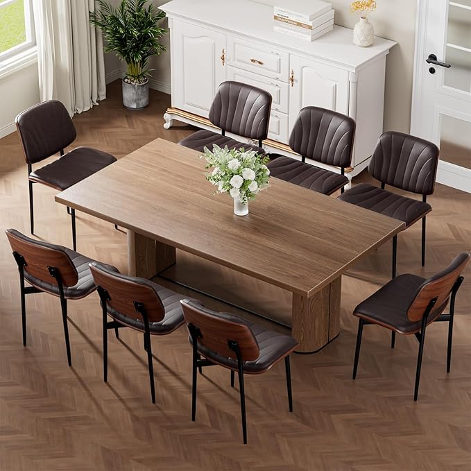 Dining Chairs Set of 6, Mid-Century Modern Upholstered PU Leather Chairs with Walnut Bentwood Back and Metal Legs Adjustable Feet for Kitchen Dining Room, Dark Brown Shell Strips