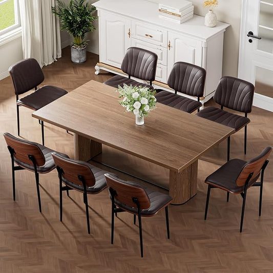 Dining Chairs Set of 8, Mid-Century Modern Upholstered PU Leather Chairs with Walnut Bentwood Back and Metal Legs Adjustable Feet for Kitchen Dining Room, Dark Brown Shell Strips