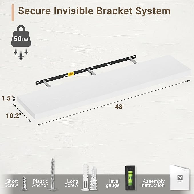 Vivelove 10 in Deep Floating Shelves for Wall, 48" x 10.2" x 1.5" Shelves for Room Wall Mounted, 1.5 Inch Thick Shelf for Bathroom Bedroom Kitchen Book Room, Modern Farmhouse Decor, Set of 2, White