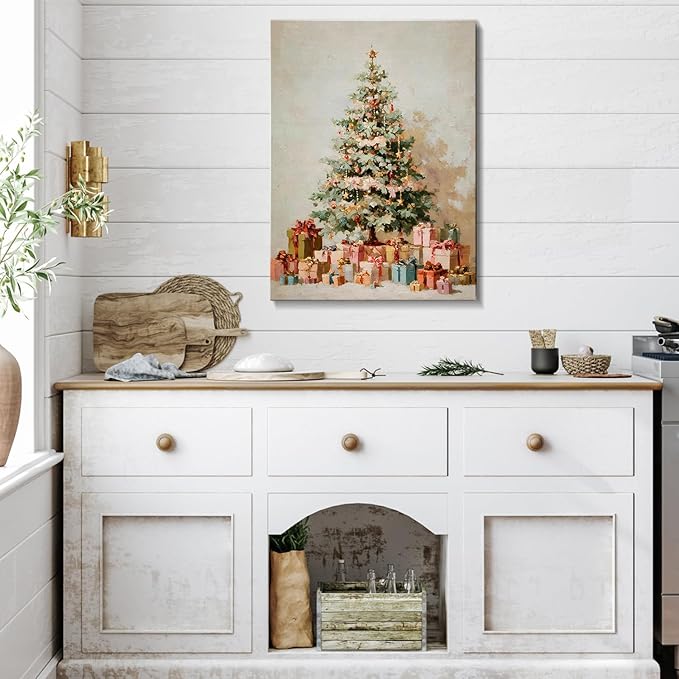 Vintage Evergreen Tree Christmas Canvas Wall Art - Rustic Pine with Gifts Framed Canvas Prints for Kitchen & Bathroom, Cozy Christmas Wall Decor, Ideal Christmas Gifts & Winter Decor