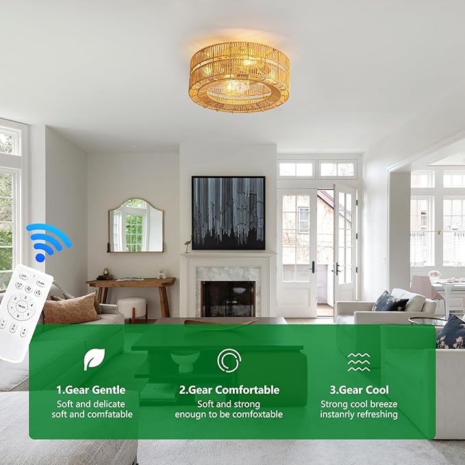 Boho Caged Ceiling Fan with Lights Flush Mount,17.7" Rattan fandelier Ceiling Fan with Remote Control,Layered Farmhouse Low Profile 6 Speeds for Bedroom,Living Room,Kitchen,Dining Room