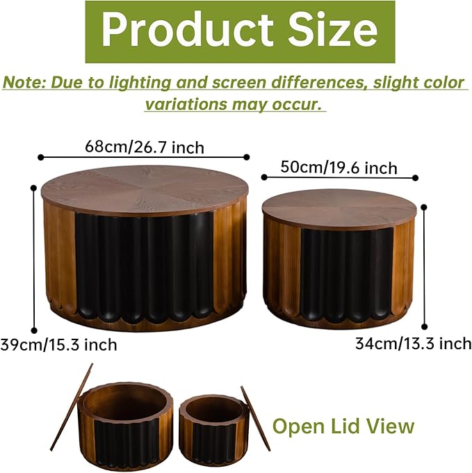 26" Round Nesting Coffee Table Set of 2 with Storage, Modern Round Wood Fluted Coffee Tables with Storage for Living Room Nesting End Table for Small Space (B Walnut)