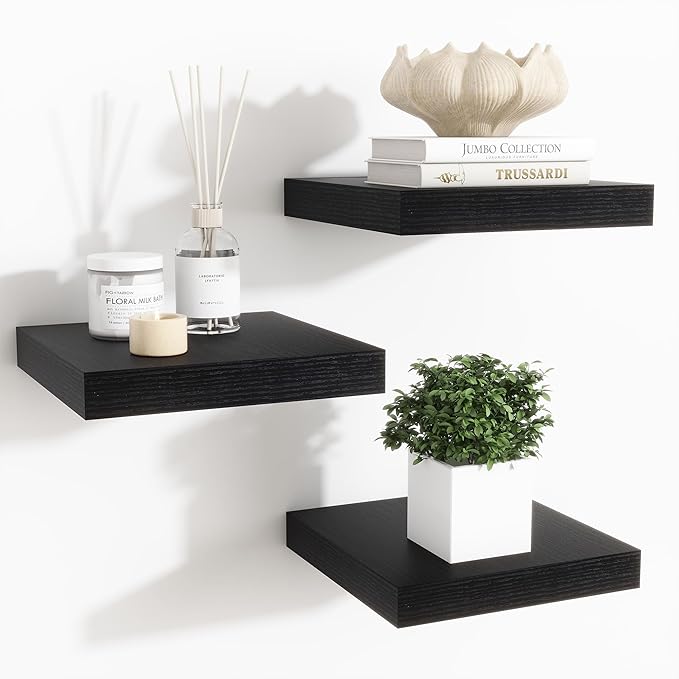 Fun Memories Floating Shelves for Wall - 7.5 Inch Square Shelves with Invisible Brackets, Black Small Wall Shelf for Living Room, Bathroom, Bedroom, and Kitchen Decor，Black Set of 3