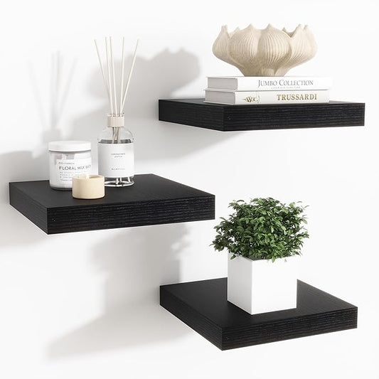 Fun Memories Floating Shelves for Wall - 7.5 Inch Square Shelves with Invisible Brackets, Black Small Wall Shelf for Living Room, Bathroom, Bedroom, and Kitchen Decor，Black Set of 3