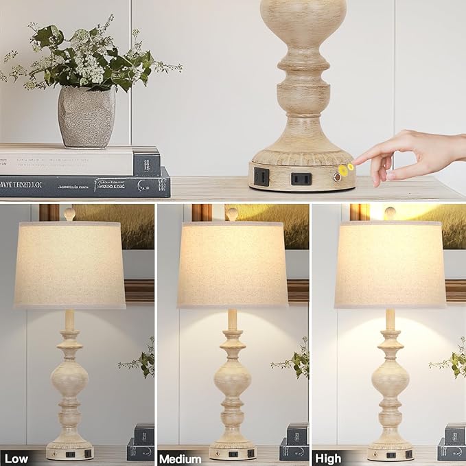 28" Farmhouse Table Lamps Set of 2, Rustic Lamp for Living Room with USB C+A Ports & AC Outlet, 3 Way Touch Control Resin Bedside Lamps, Retro Bedroom Lamp for Nightstand Side End Table Desk, Beige