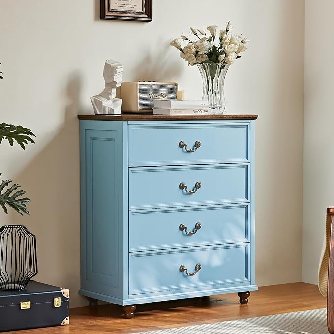24" Wide Farmhouse Nightstand with Charging Station Set of 2,54" 7 Drawers Dresser, 37" Tall Rustic Chests of Drawers, Farmhouse Furniture Series for Bedroom,LightBlue