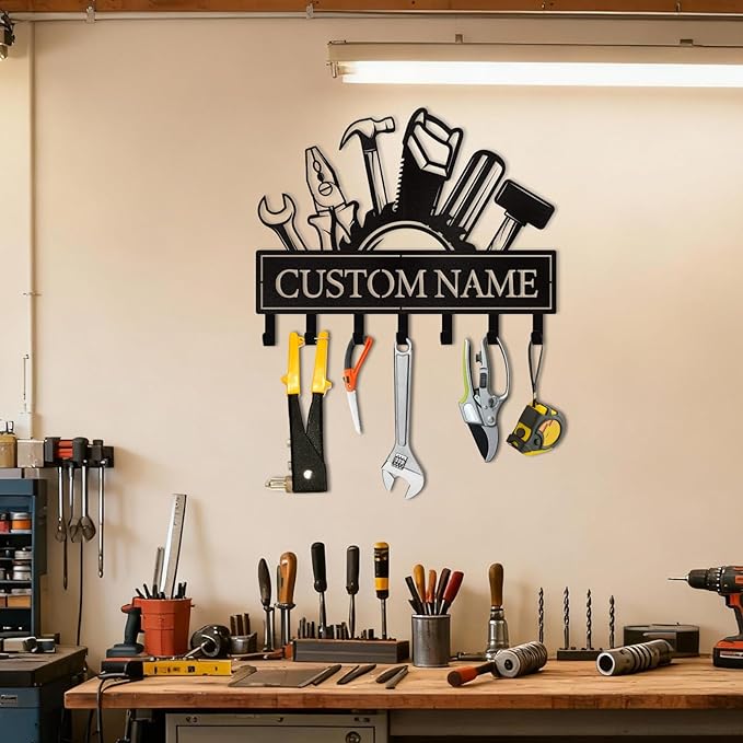 Customized Car Garage Key Holder for Wall, Key Holder Wall Mount, Vintage Man Cave Decor, Key Rack Organizer, Decorative Tools Hooks for Workshop Garage Office Entryway, Personalised Gifts