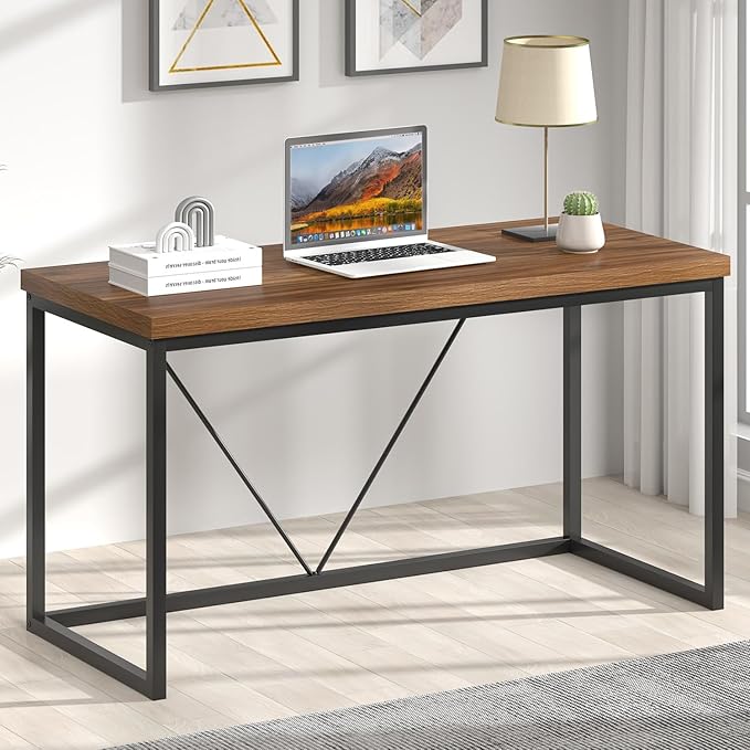 FOLUBAN Modern Computer Desk, Rustic Wood and Metal Study Writing Table, Simple Work Gaming PC Desk for Home Office, Walnut 53 Inch