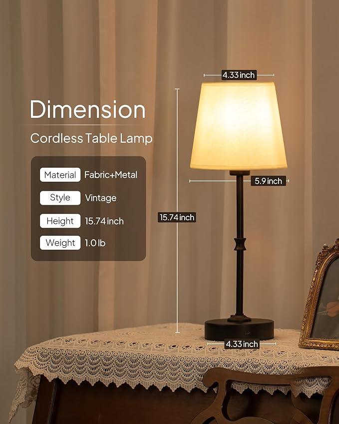 EppieBasic Cordless Table Lamp Rechargeable: Fast Charging & Long Lasting - 2700K Warm Light Vintage Brass Lamps - Dinning Living Room Bedroom - 2 Pack