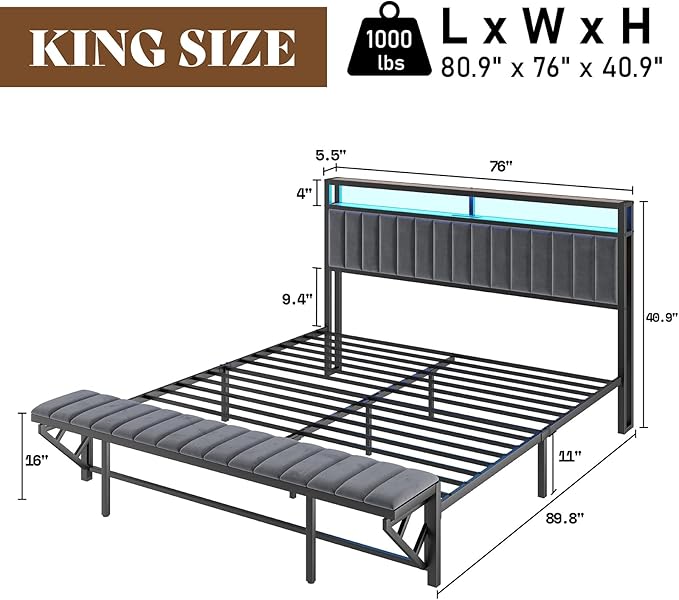 King Bed Frame with LED Light and Charging Station, Velvet Upholstered Headboard with Storage Shelf, Heavy Duty Metal Slats/No Box Spring Needed/Easy Assembly, Grey