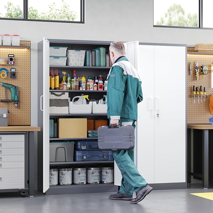 Letaya Metal Storage Cabinet with Lock Door, 71" Adjustable Shelf Steel Lockers for Office, Home,School,Garage Utility Tool Cabinet (2 Door-White&Gray)