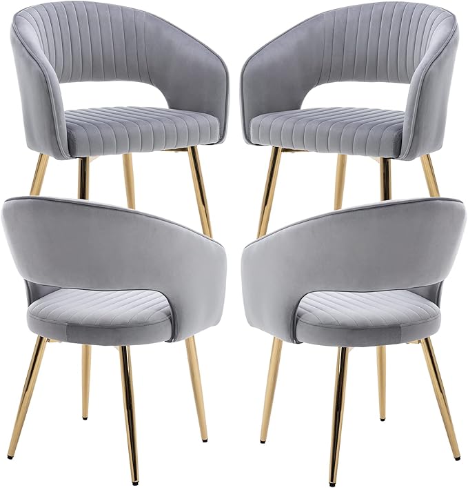 Modern Velvet Dining Chairs Set of 4, Upholstered Gold Dining Room Chairs with Hollow Back and Gold Legs, Accent Armrest Kitchen Chairs for Living Room Reception Grey