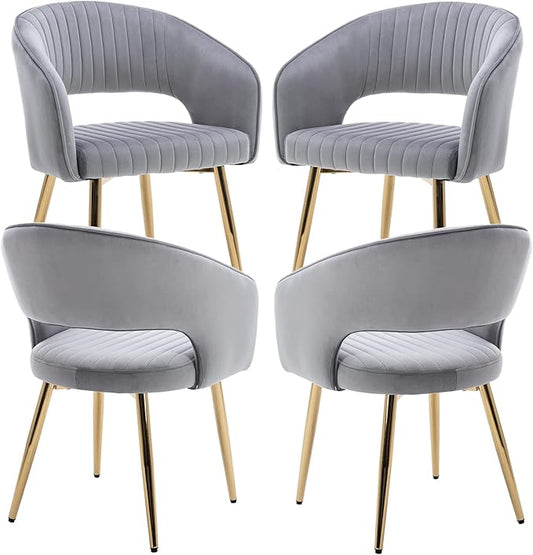 Modern Velvet Dining Chairs Set of 4, Upholstered Gold Dining Room Chairs with Hollow Back and Gold Legs, Accent Armrest Kitchen Chairs for Living Room Reception Grey