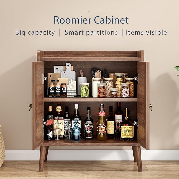 26" Rattan-Door Sideboard Cabinet with Round Pull Rings, 2-Door Credenza Buffet with Generous Storage, Modern Accent Cabinet for Living Room & Kitchen, Light Brown