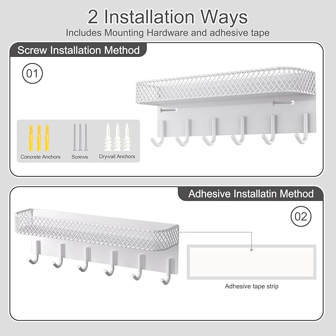 Key Holder for Wall – Decorative Stainless Steel Key Hanger with 6 Hooks for Hats, Bags, Leashes – Mail Holder Key Rack with Mounting Hardware and Guide (9.65” x 2.8” x 2.2”) (White)