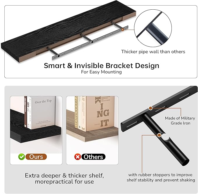 Fun Memories 48 Inch Floating Shelves - Fireplace Mantel Shelf - Deep Wall Mounted Wood Storage Shelf for Bedroom, Kitchen, Farmhouse - 1 Pack, Rustic Black