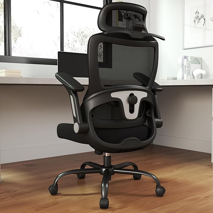 ZZH Ergonomic Office Chair, High Back Home Desk Chair with Adjustable Lumbar Support, Headrest, Flip-Up Arms, 90-135° Tilt Lock and Wide Cushion, Big and Tall Mesh Computer Seating with Wheels