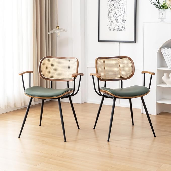 Rattan Dining Room Chairs Set of 4,Mid Century Modern Kitchen Side Chairs,Metal Legs Desk Chair,Faux Leather Accent Chair with Arms and Rattan Backrest Green PU