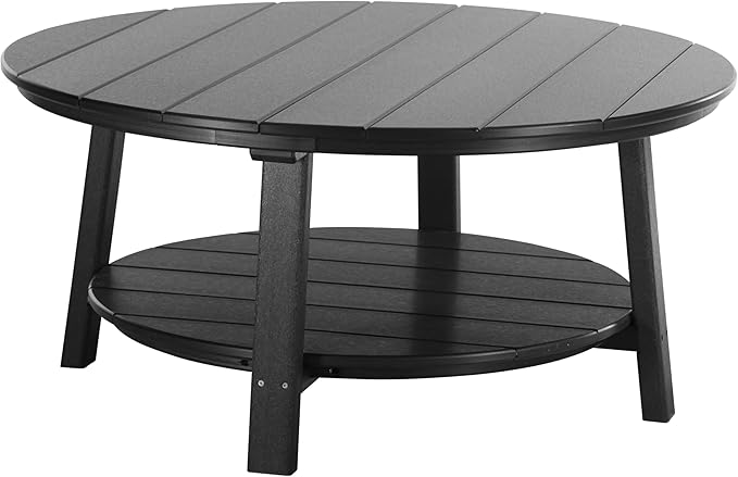 LuxCraft Deluxe Poly Round Outdoor Coffee Table, Two Tier Coffee Table, Round Conversation Tables for Outside Patio with Lower Shelf - Amish Made in USA (Black)