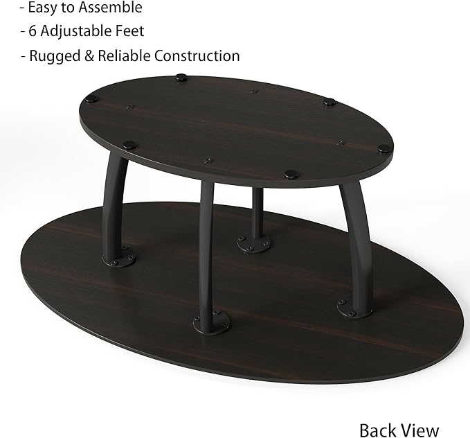 Manora Rustic Small Oval Coffee Table for Living Room, Narrow Wood Center Table with Shelf, Retro Style Coffee Table with Curved Metal Legs, Stable and Easy Assembly, Black Brown