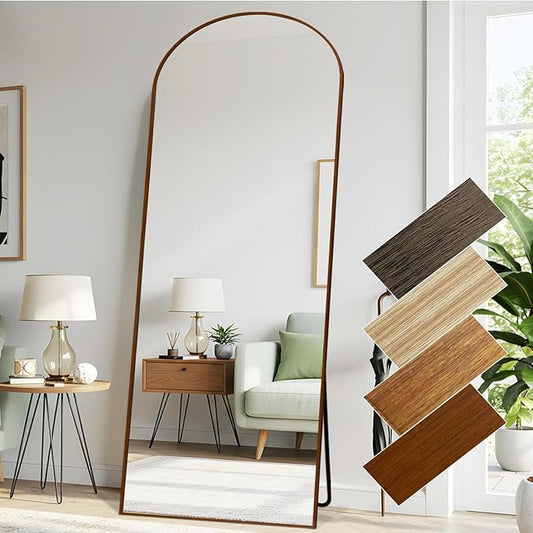 Arched 34x76 Inch Oversize Full Length Mirrors Aluminium Frame in Retro Reddish Brown Wood Looking Free Standing Floor Mirror Full Body Wall Mounted for Bedroom Living Room and Hallway