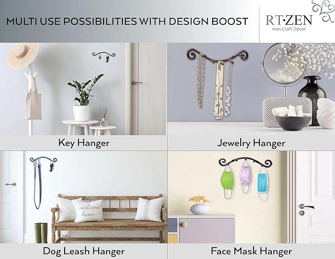 RTZEN Farmhouse Small Key Holder for Wall - Handcrafted Swirl Decorative 5 Key Hooks for Home Entryway - Wrought Iron Wall Mount Rack Purse Coat and Leash Holder or Organizer (Swirly Black)