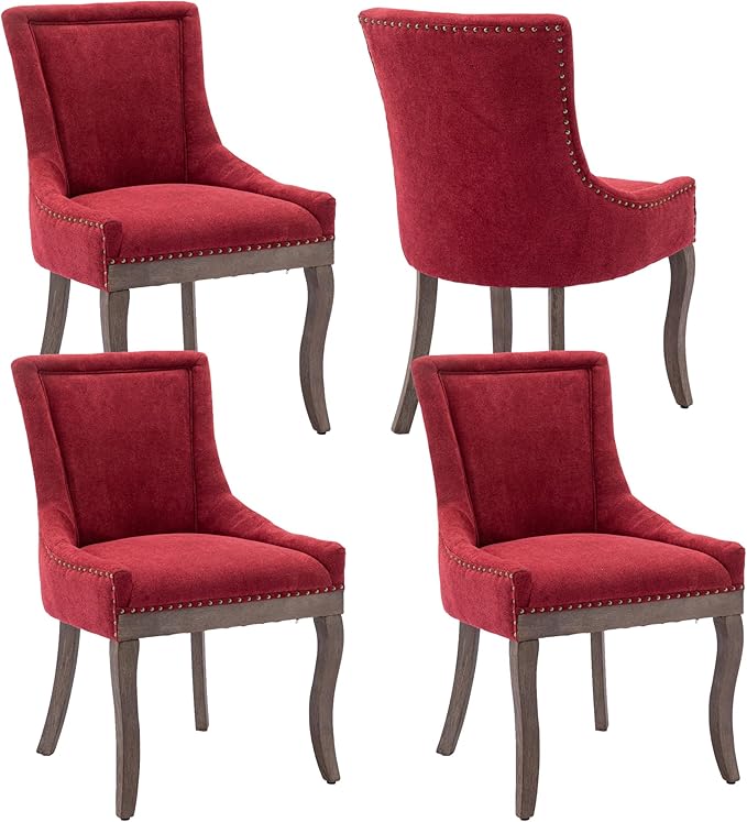 Farmhouse Dining Chairs Set of 4, Upholstered Fabric Dining Room Accent Chairs with Wood Legs & Bronze Nailhead, High Wingback Kitchen Chairs for Living Room Hotel Apartment, Burgundy