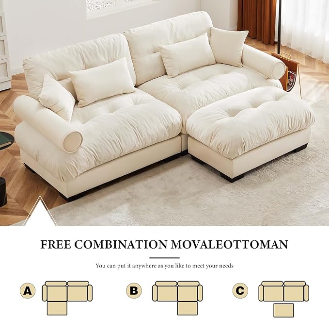 93.7" Loveseat Sofa, 2 Seater Modular Sectional Sofa, Beige White Large L Shaped Sectional Couches for Living Room, Fluffy Couch, Love Seat, Velvet Cloud Couch with Ottoman, Deep Seat for Living Home