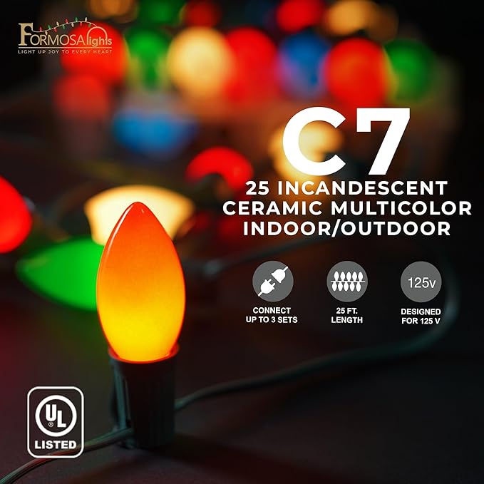 C7 26ft Indoor/Outdoor Ceramic Multicolor Incandescent Christmas String Lights with 25 Bulbs | 120V, 5W