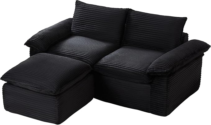 80" Cloud Sectional Couch with L-Shaped Chaise, Corduroy Sectional Sofa with Ottoman, Boneless Couch with Deep Seat in a Box for Living Room, No Assembly Required (Black)