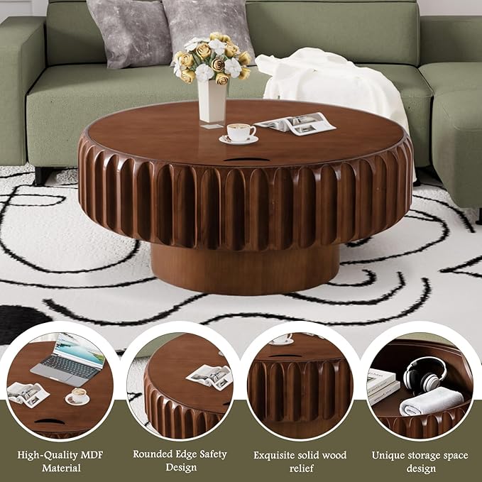 Round Coffee Table with Hidden Storage, Modern Circle Coffee Tables Handcraft Fluted Drum Coffee Table with Solid Wood Relief, Mid Century Center Table for Living Room Apartment (Walnut 39.37 Inch)