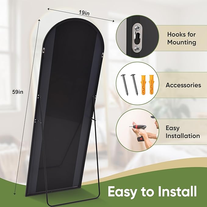 Full Length Mirror, 59"x19" Arched Full Body Mirror, Floor Mirrors with Stand, Body Mirrors Standing Hanging Leaning Against Wall,Aluminum Frame Mirrors for Bedroom Cloakroom,Living Room,Black