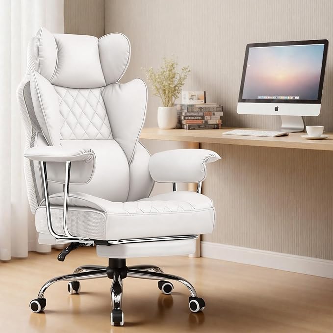 COMHOMA Big and Tall Gaming Chair with Pocket Spring Lumbar Support, Ergonomic Office Chair with Footrest, Executive Desk Chair with Outward Fixed Soft Armrests, Computer Chair with High Back, White