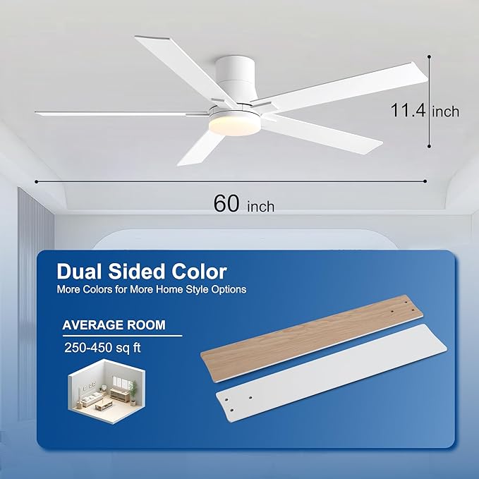 Rayqueen 60 Inch Ceiling Fans with Lights and Remote,Flush Mount White Ceiling Fan, 6 Speed Reversible DC Motor, 3CCT Dimmable LED-Low Profile Design for Bedroom, Living room & Covered Outdoor