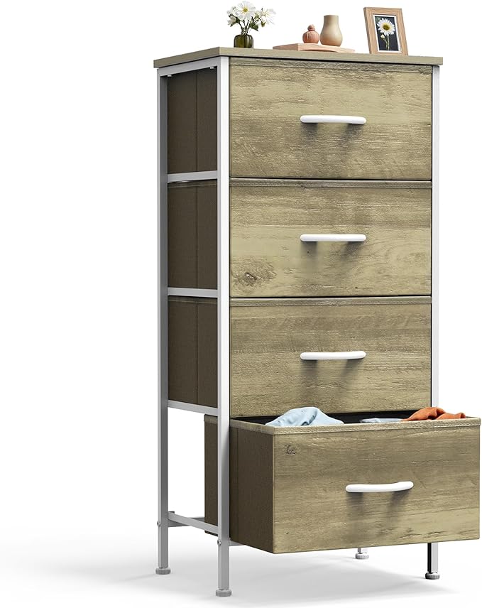 DUMOS Nightstand with 4 Drawers Bedside Table with Removable Fabric Bins Sturdy Steel Frame Wood Top Organizer Furniture for Bedroom Closet Living Room,Oak Greige
