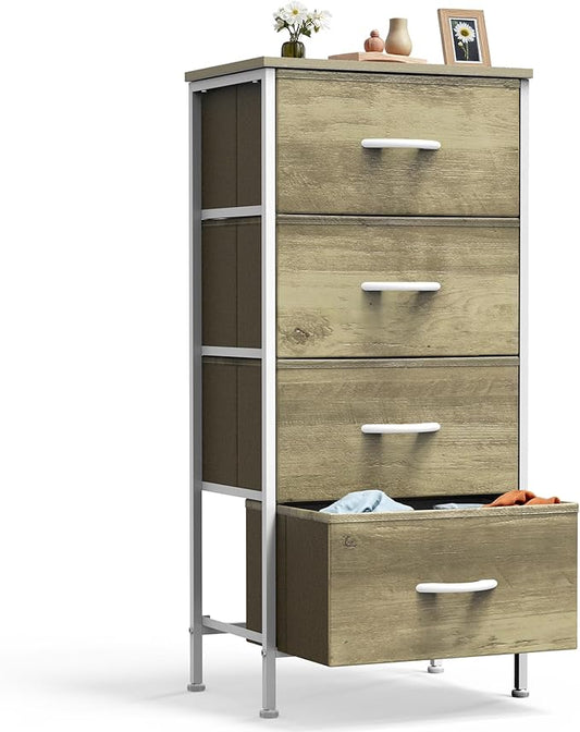 DUMOS Nightstand with 4 Drawers Bedside Table with Removable Fabric Bins Sturdy Steel Frame Wood Top Organizer Furniture for Bedroom Closet Living Room,Oak Greige