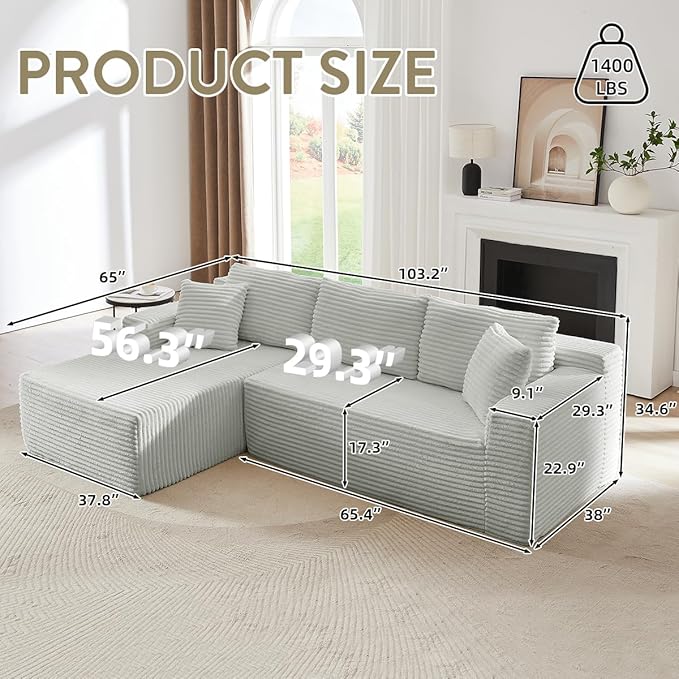 Modular Cloud Sectional Couch with L-Shape Chaise,Modern Upholstered Couches with Deep Seat,Corduroy Sponge Compressed Sofa for Living Room,No Assembly Required (Light Gray)