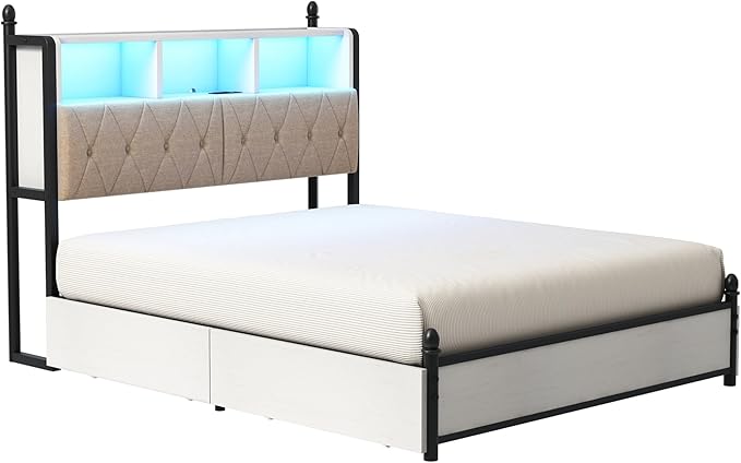 AMERLIFE Queen Bed Frame with Bookcase Headboard & 4 Storage Drawers, Wooden Platform Bed with Charging Station and LED Light, No Box Spring Needed/Noise-Free, White