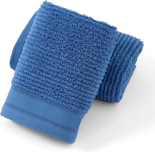 YiLUOMO 100% Cotton Blue Hand Towel Set of 2 Ribbed Striped Pattern Soft Absorbent Decorative Towel for Bathroom 13 x 29 Inch