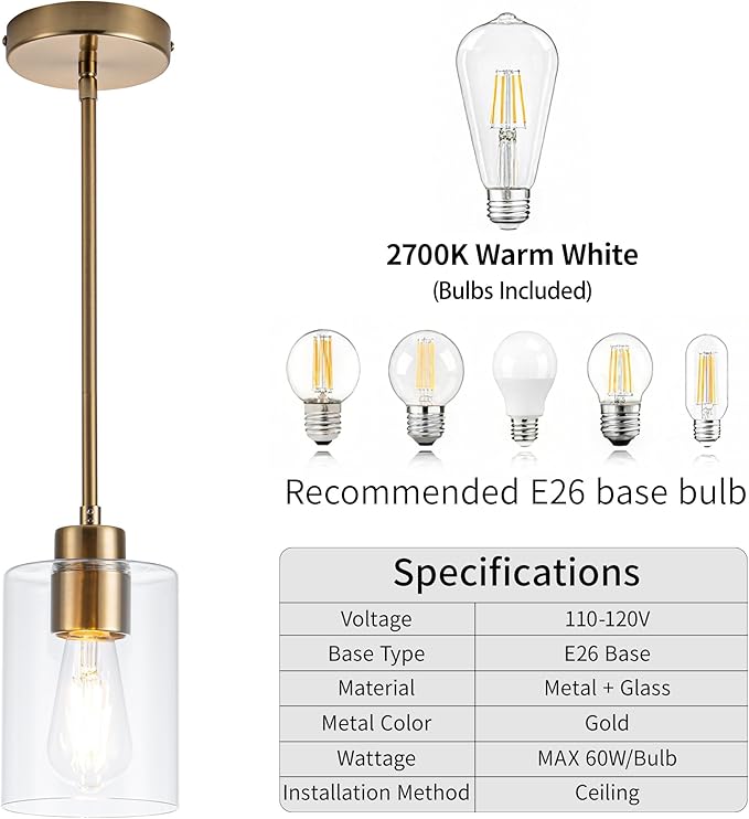 MAYNA 3-Pack Brushed Brass Dining Room Light Fixtures, Modern Gold Pendant Lighting Over Island, Adjustable Rods Glass Chandelier for Kitchen Table (Bulbs Included)