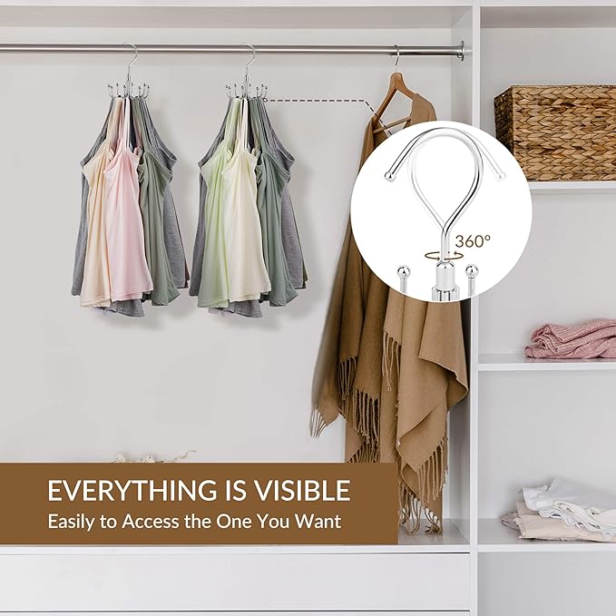 ZEDODIER Tank Top Hanger, 2 Pack Rotatable Bra Organzier for Closet, Max 48 Storage Capacity Sport Bras Holder, Metal Space Saving Closet Organizers and Storage, Silver